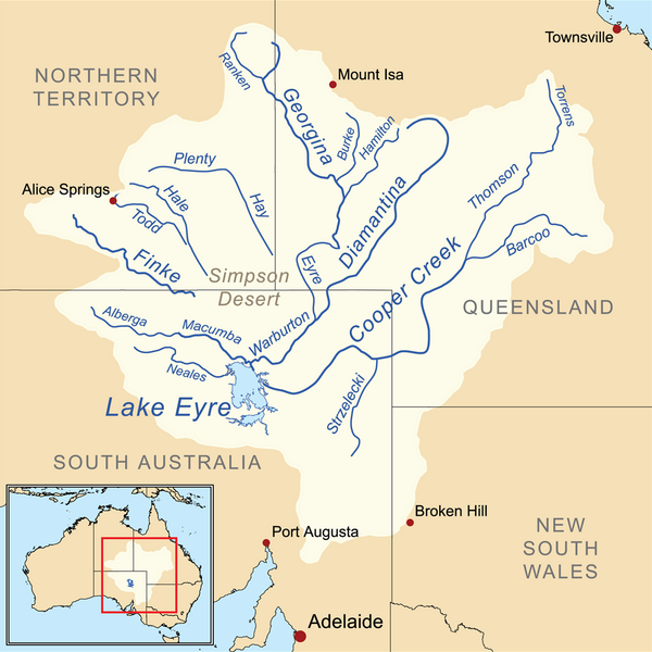 Le bassin du lac Eyre, l'un des plus grands bassins de drainage endoréique au monde, s'étend sur une grande partie de l'intérieur de l'Australie