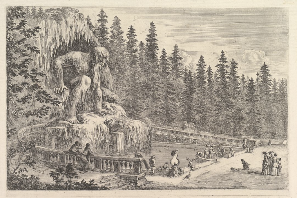 Gravure en eau-forte réalisée en 1653 par Stefano Della Bella, illustrant le Colosse de l’Apennin dans son état d’origine